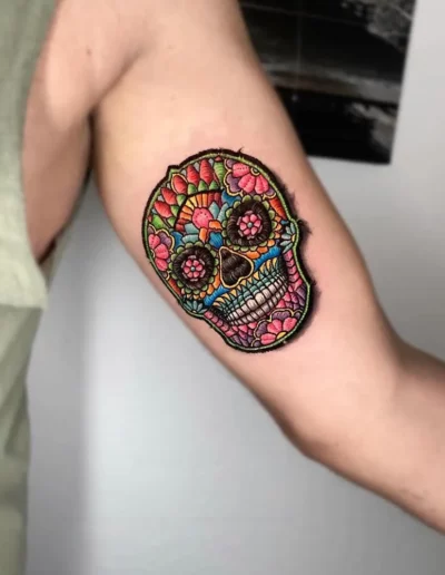 Teschio messicano effetto toppa ricamata - Marta Gardenia, Keyo Tattoo Studio Locarno
