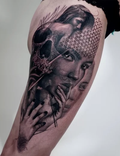 Teschio e volto femminile, tatuaggio realistico sul braccio - Omar Keyo, Keyo Tattoo Studio Locarno